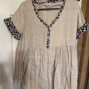 Umgee Beige Dress with Animal Print Trim